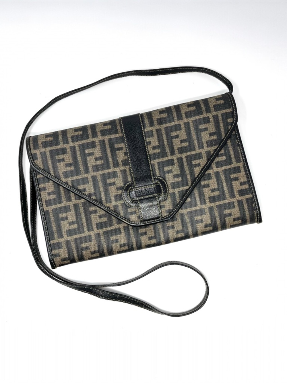 Vintage Fendi Brown‎ Zucca FF Logo Monogram Canvas Shoulder Crossbody Clutch Bag